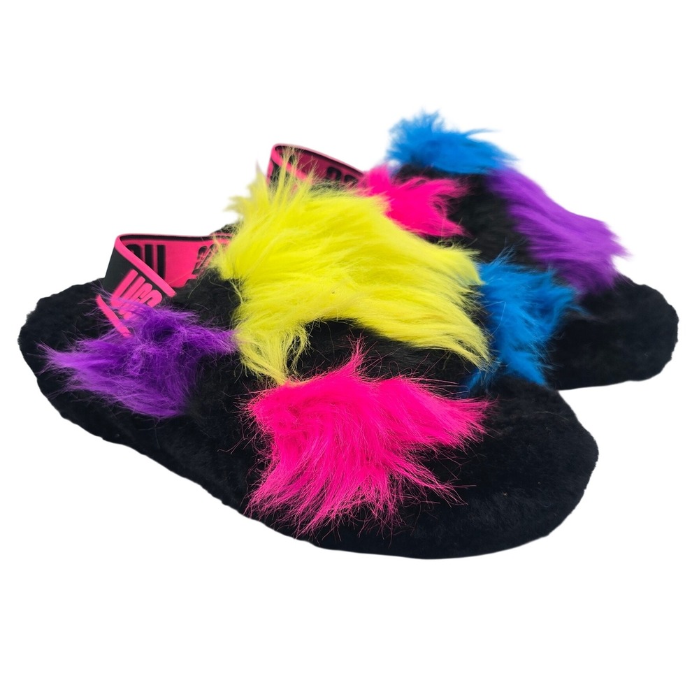 UGG Fluff Yeah Party Spots Slides Black Multicolor Womens 8 Fur Sandals Slippers - Picture 1 of 10